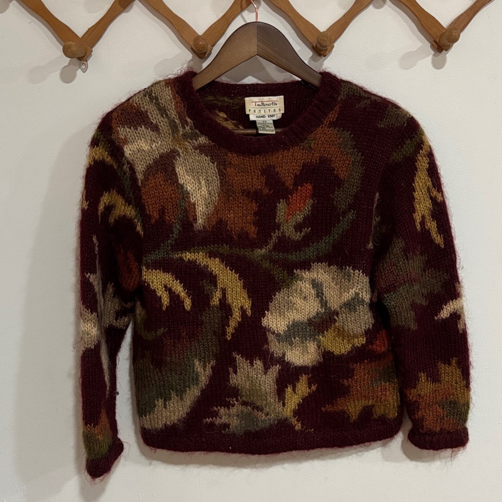 Vintage Hand-Knit Talbots Burgundy Floral Sweater Mohair